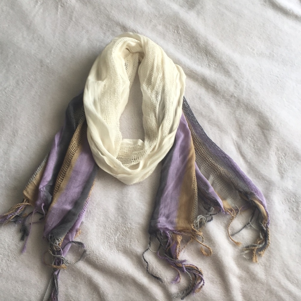 White scarf with purple and brown